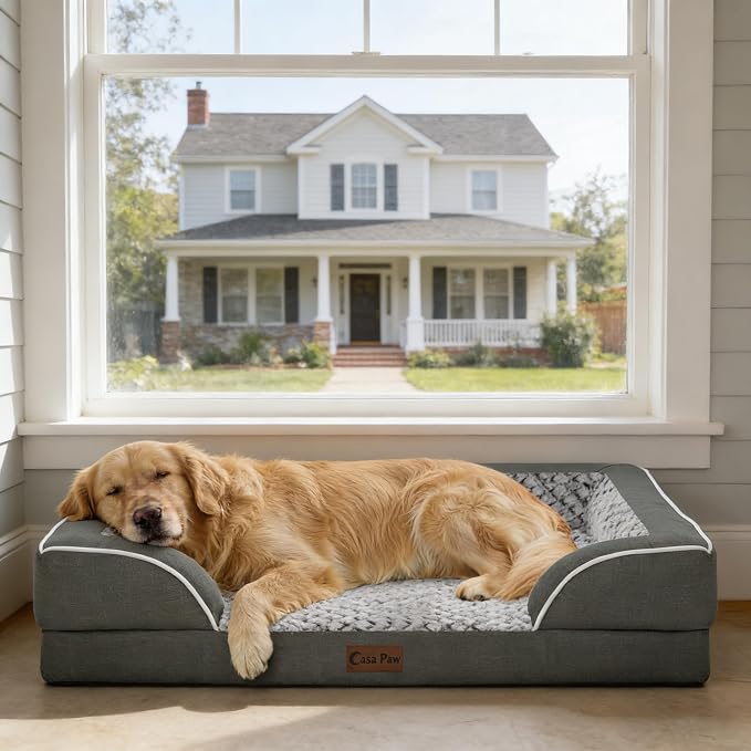 Orthopedic Dog Beds for Large Medium Sized Dogs 36x27 Inch, Medium Waterproof Memory Foam Dog Sofa Bed with Removable Washable Cover Pet Couch with Bolster, Dark Grey