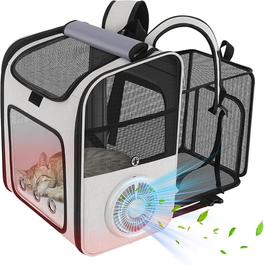 Cat Backpack Carrier with Cooling Fan & Heating Pad, Expandable & Breathable Pet Backpack for Cats & Small Dogs, Travel Carrier for Hiking, Vet Visits, Grey