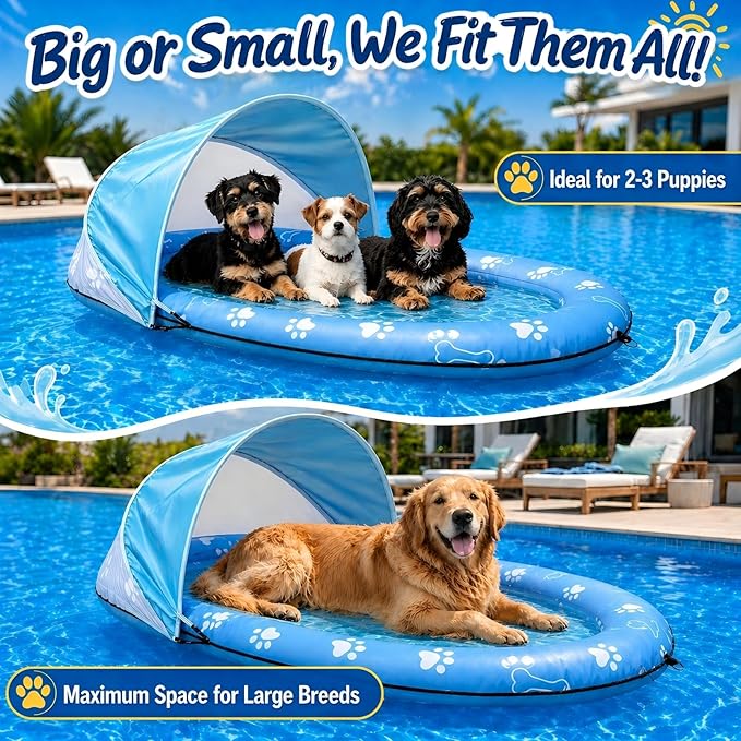 Dog Pool Float with Canopy - Heavy Duty 600D Oxford Anti-Tear Dog Raft, UPF 50+ Removable Sun Shade Inflatable Dog Float for Small, Medium & Large Dogs, Water Summer Toy for Lake & Pool, 55" x 35"
