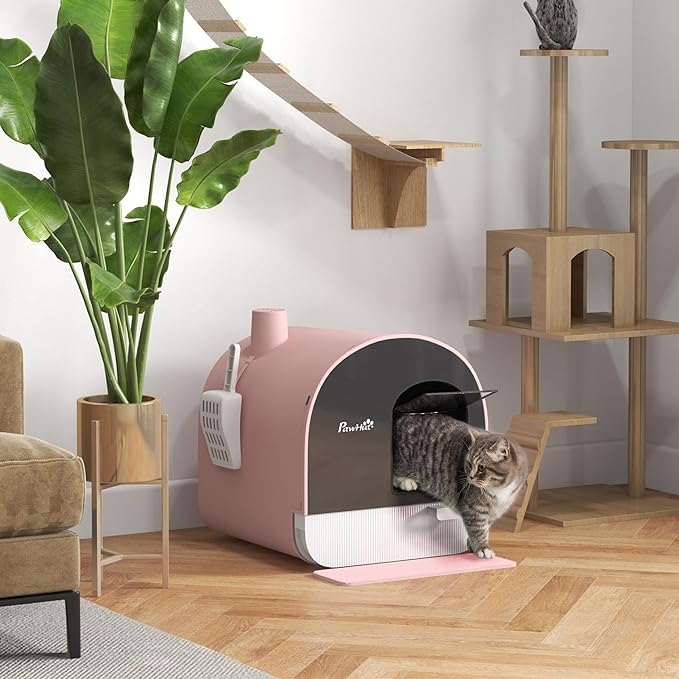 PawHut Cat Litter Box with Lid, Covered Litter Box for Indoor Cats with Tray, Scoop, Mat, Filter, 17" x 17" x 18.5", Pink