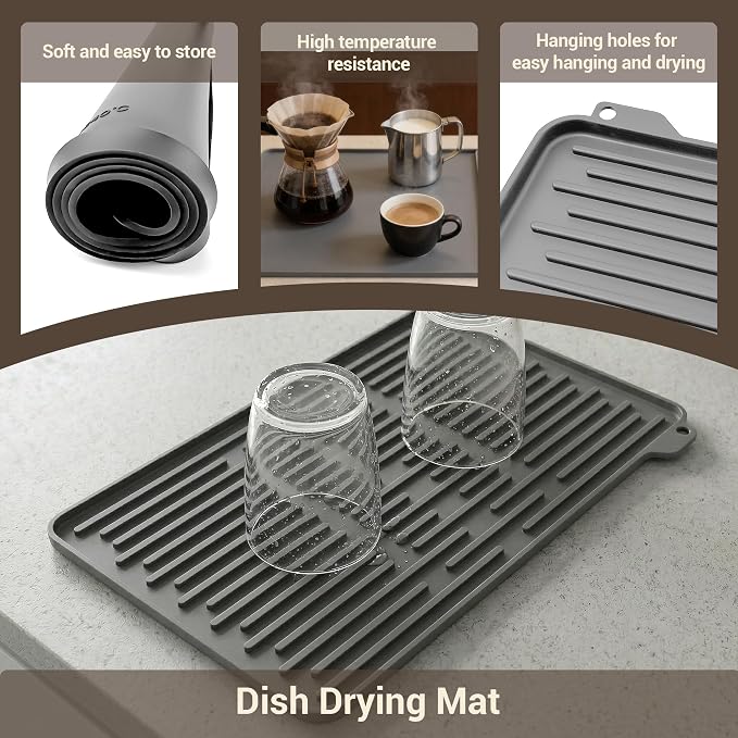 Silicone Coffee Mat for Countertop, 24x16 inch Heat Resistant Espresso Machine Mat, Non-Slip Coffee Bar Mat with Detachable Drying Area and Raised Edge, Waterproof Station Pad - Grey
