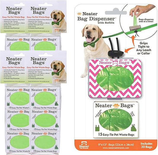 Neater Pet Brands Neater Bags Dog Waste Bag, No Rolls - Dog Poop Bags Dispense One at a Time, Doggie Poop Bag with Easy-Tie Handles, Dispenser Attaches to Any Leash (210 Count, Pink Chevron)