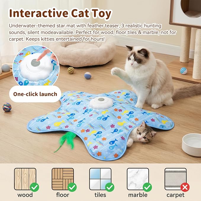 Interactive Cat Toy for Indoor Cats, Rechargeable Touch Activated Hide and Seek Cat Toys, Automatic Moving Concealed Wand Feather Toy for Bored Indoor Kitten Adult Cats, Real Bird Squeaky Green