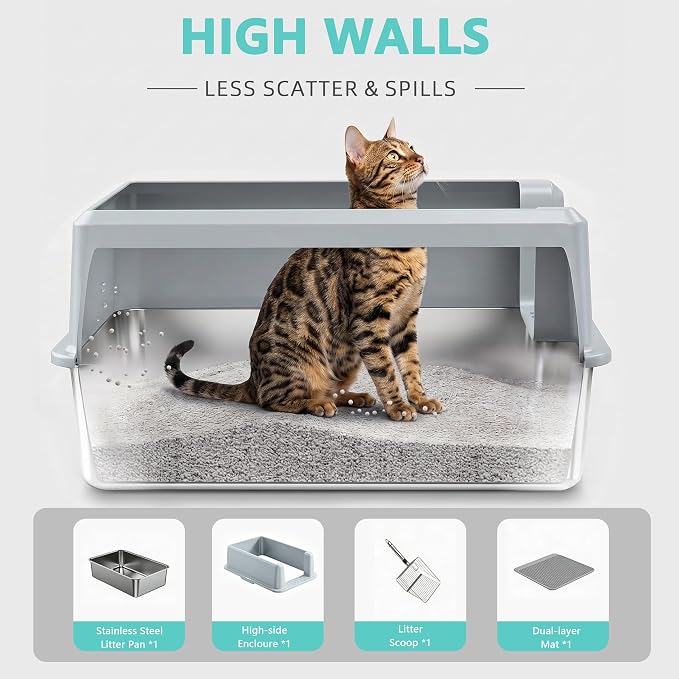 WoofiGo Stainless Steel Cat Litter Box with Lid, XL Extra Large Metal Kitty Litter Box Enclosed for Big Cats, High Sided, Anti-Urine Leakage, Non-Stick Bottom, Include Litter Mat & Metal Scoop (Gray)