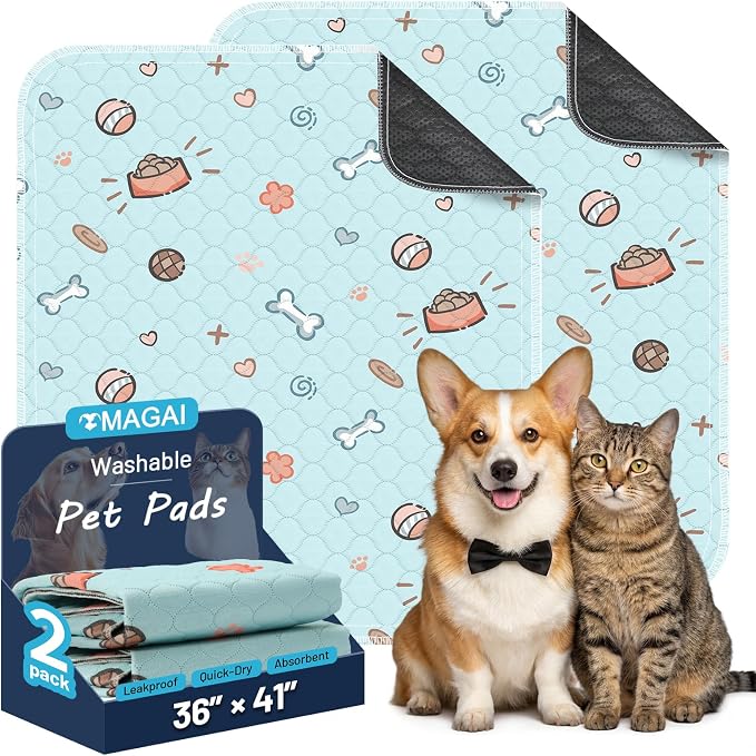 Washable Pee Pads for Dogs and Cats, 36x41In 5-Layer Ultra-Absorbent & Leak-Proof Potty Training Pads, Non-Slip Whelping Potty Pads for Housebreak Crates, Floors and Cars, 2 Packs Blue