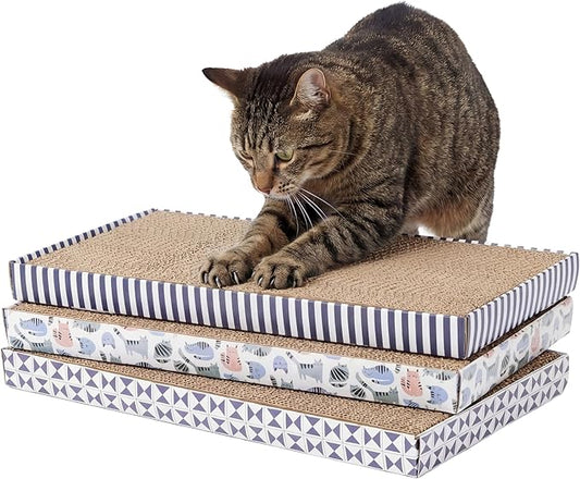 Kitty City 3-Pack XL Double Sided Corrugate Cat Scratcher Pads with Catnip - X-Large Horizontal Cat Scratcher Mats, Reversible Corrugate Nail File Scratchers - Stripes & Cats Design, 18” x 10” Each