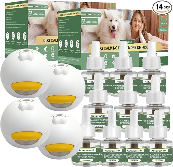 14 IN 1 Dog Calming Diffuser Kit with Night Light | 4 Plug-in Diffusers + 10 Refills (48ml Each) | New Formula Pheromone for Dogs | Anxiety Relief, Stop Barking, Reduce Stress | 300 Days Supply