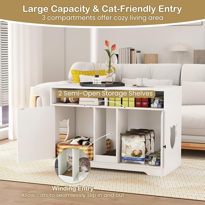 Tangkula Double Litter Box Enclosure, 43 Inch Hidden Litter Box Furniture with Shelves, Removable Scratching Board, 2 Sisal Mats, Large Enclosed Cat Box Enclosure for 2 Cats (White)