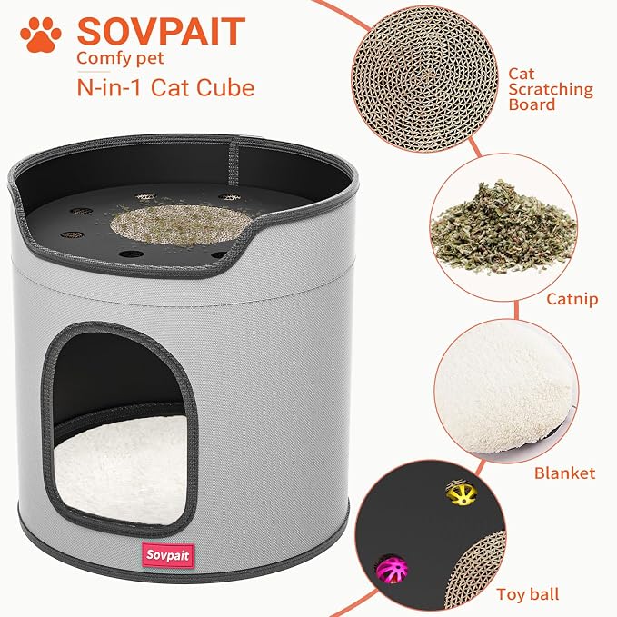 Cat House for Indoor Cats Large Double Cat Bed Cave with Cat Scratcher Pad Toys w/Catnip,Soft Washable Cushion Cat House Shelter D15xH15in Blue (Cardboard Cat Scratcher)