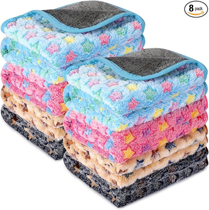 Tudomro 8 Pcs Absorbent Guinea Pig Blankets Washable Small Animal Fleece Bedding Cage Liners Reusable Pet Sleep Mat Pad Cover for Ferret Chinchilla Furniture Protection(Star,12 x 12 Inch)