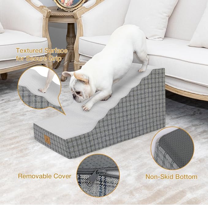 Pets Ramp for High Beds, Small Dogs & Senior Cats - Non-Slip Texture & Machine Washable Cover - Supportive Foam for Joint Comfort, Easy Climb for Couch, Sofa, Furniture (Gery)