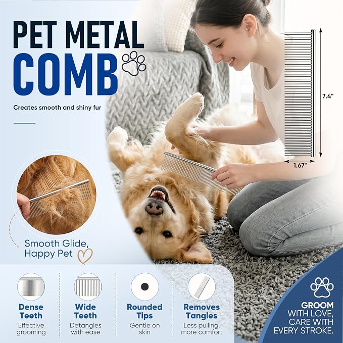 5 in 1 Pet Grooming Kit 5PCS,Large Dog Brush for Goldendoodles Poodles Doodles,Dematting Comb, Metal Comb, Flea Comb, Silicone Bath Brush Pin Haired Brush,Poodle Brushes and Comb（blue）