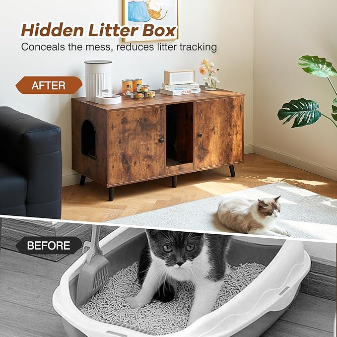 Litter Box Furniture for 2 Cats - Farmhouse Cat Litter Box Enclosure Cabinet Hidden Double Room, 42.3" TV Stand Large Space for Standard Pan Litter Boxes, Vintage Brown