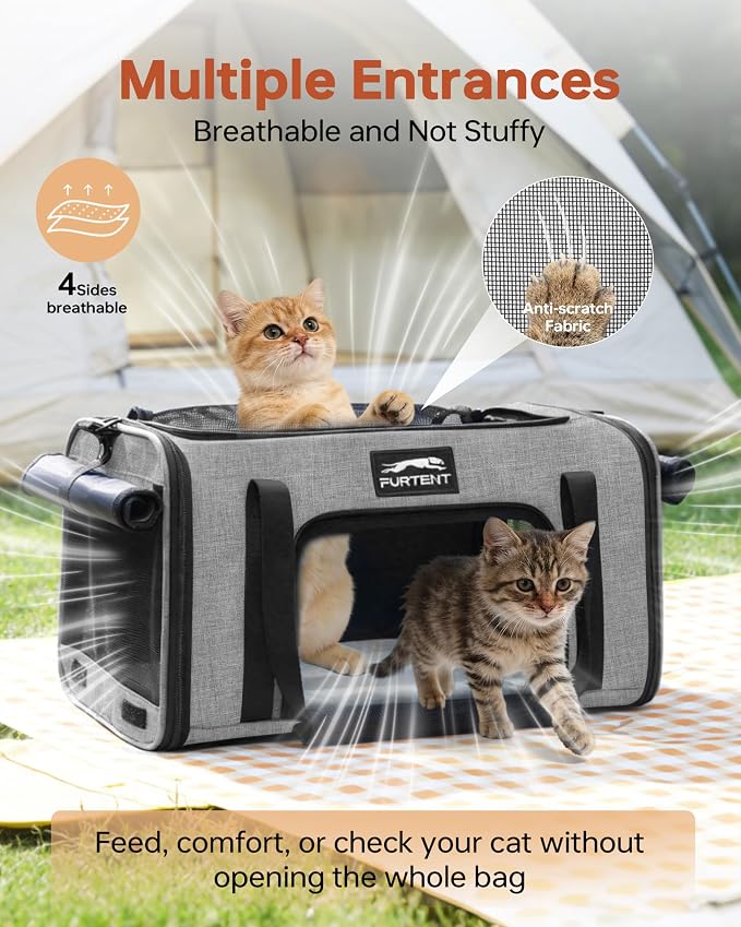 17x11x9.5 Pet Carrier Airline Approved, Cat Carrier with Litter Box, Soft Sided Cat Dog Carrier Up to 15 lbs, Breathable Travel Pet Carrier with Calming Curtain, Storage Bag & Poop Dispenser, Grey
