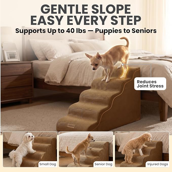 Dog Stairs for High Beds Up to 26-30", 5-Step Foam Pet Ramp with Washable Cover, Gentle Slope Steps, Bed & Couch Ladder for Small Medium Dogs & Senior Cat, Puppy Stairs to Get on Tall Furniture