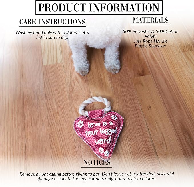 Pavilion Gift Company 45611 Pavilion's Pets-Red Heart Shaped Canvas and Rope Dog Squeaky Toy-Love is a Four Legged Word, Dog, Best for Medium- Large Breeds
