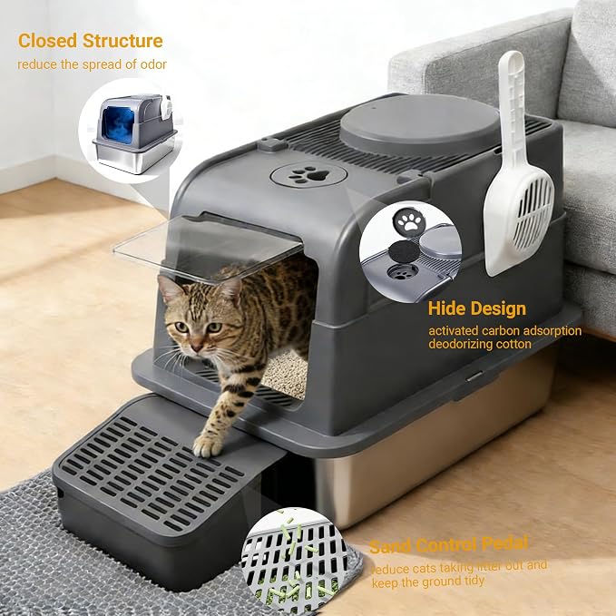 Stainless Steel Cat Litter Box with Lid, Large Enclosed Litter Box for Large Cats, High Sided Metal Cat Box with Two-Way Door & Anti-Scratch Scoop, Anti-Leakage Design, Silver