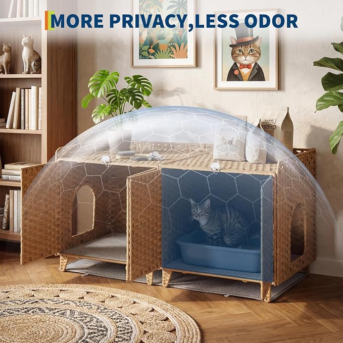Rattan Litter Box Enclosure Double Room Cat Hidden Litterbox Furniture with Removable Litter Mat & 2 Hooks, Natural Cat House End Table, Easy Assembly, 47.2" l x 19.7" w x 23.6" h Natural