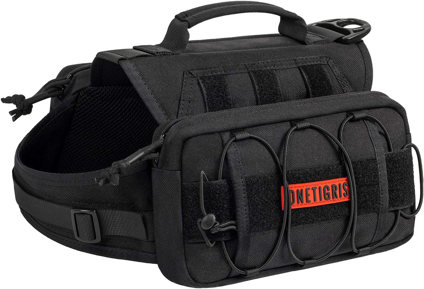 OneTigris Dog Backpack for Medium & Large Dogs, Nylon Backpack for Dogs Tactical Pet Backpack with Side Pockets for Hiking Walking Training Running (Black, Medium)