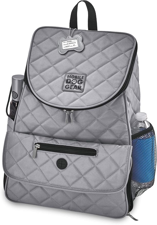 Mobile Dog Gear, Dog Travel Bag, Deluxe Quilted Weekender Backpack, Includes Lined Food Carriers and 2 Collapsible Dog Bowl, Gray