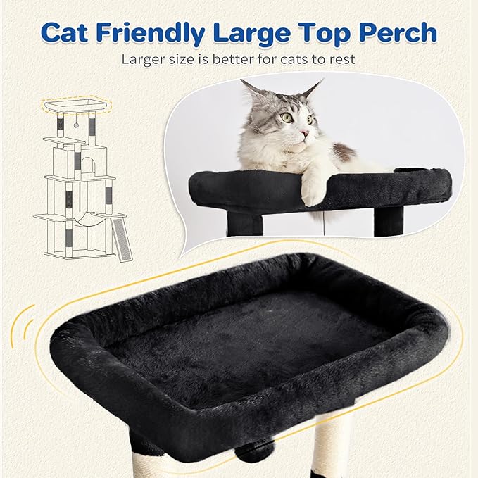 ABCPET Cat Tree Tower 63in Multi-Level Cat Tower for Indoor Cats with Sisal Scratching Posts, Condo, Hammock, Dangling Ball and Extended Platform for Cats to Play, Black