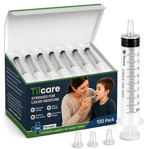 10ml Oral Dispenser Syringe with Cover 100 Pack by Tilcare - Sterile Plastic Medicine Droppers for Children, Pets & Adults – Latex-Free Medication Syringe - Syringes for Glue and Epoxy