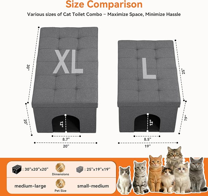 Cat Litter Box Enclosure Furniture for Odor Control, Hidden Cabinet Cat Litter Box Furniture Ottoman with Flip-Up Lid,Cats Litter Box Bench with Storage Space, Dog Proof (Grey, Large)