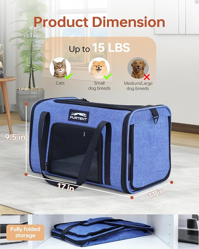 17x11x9.5 Pet Carrier Airline Approved, Cat Carrier with Litter Box, Soft Sided Cat Dog Carrier Up to 15 lbs, Breathable Travel Pet Carrier with Calming Curtain, Storage Bag & Poop Dispenser, Blue