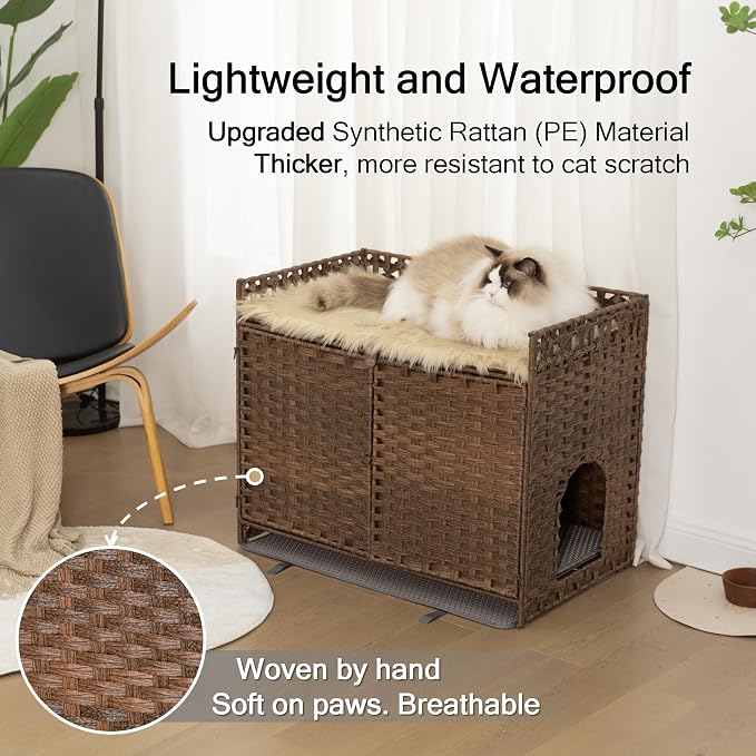 Furriends Cat Litter Box Enclosure with 2 Mats, Handwoven Rattan Hidden Litter Box Furniture Large 30.3”L x 18.2”W x 24.2”H, Double as Indoor Cat House or Side Table for Living Room Hallway, Brown