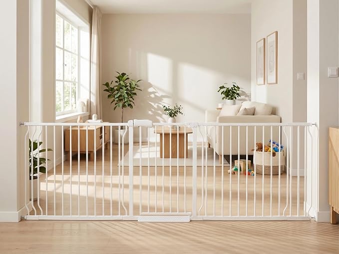 Extra Wide Baby Gate 86-105" Dog Gate Indoor Pressure Mounted No Drill Safety Gate for Kitchen, Doorways & Hallways, White Metal Pet Gate for Dogs