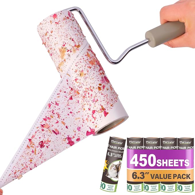 Extra Sticky Large Surface Lint Roller,6.3'' Lint Roller Refills,5 Rolls 450 Sheets,Long Handle Lint Remover,Easily Remove Carpets, Clothes, Couch and Curtains Dust Cat and Dog Hair Removal