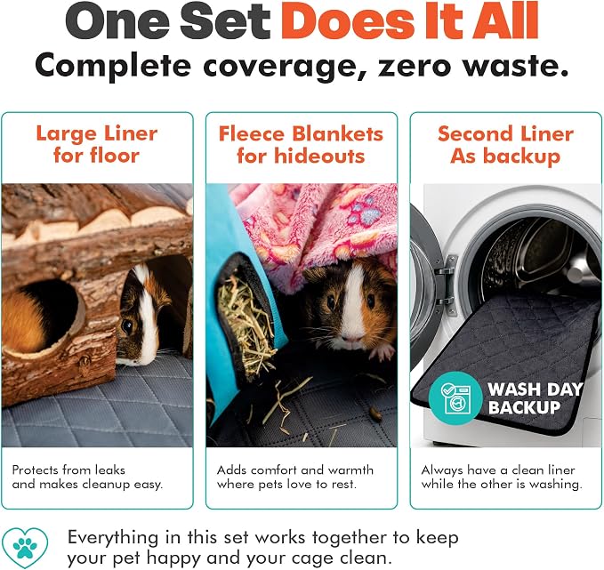 LUFTPETS Reusable Guinea Pig Cage Liners 5 Pcs - 2 Washable Midwest Pee Pads 47"x24" & 3 Soft Bunny Fleece Blankets 24"x16", Waterproof Rabbit Bedding with Odor Control, Absorbent Small Pet Mats