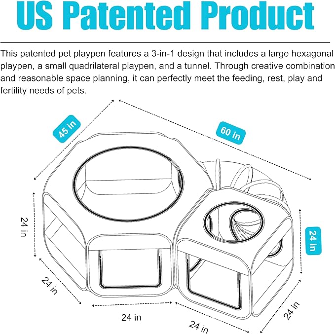 Portable Dog Playpen 2-Room with Tunnel, 3-in-1 Large Cat Crate Play Enclosure with Separate Areas, Foldable Pet Playpen for Puppy Kitten and Small Animals Indoor Outdoor