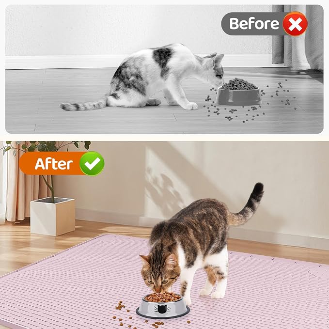 Cat Food Mat, 50" x 35" Extra Large Silicone Pet Feeding Mat with Raised Edge Pet Placemat for Food and Water Bowl Non-Slip, Easy to Clean, Floor Protection (Pink)