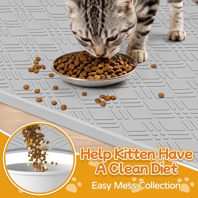 Cat Food Mat, 42" x 29" Large Silicone Mat Cat Feeding Mat with Raised Edge Non-Slip Pet Feeding Mat for Food and Water Bowl, Easy to Clean, Floor Protection (Light Gray)