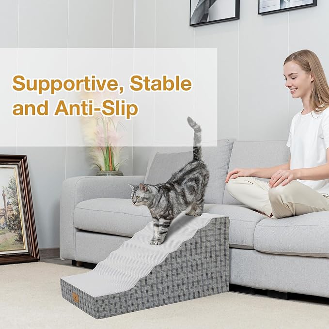 Pets Ramp for High Beds, Small Dogs & Senior Cats - Non-Slip Texture & Machine Washable Cover - Supportive Foam for Joint Comfort, Easy Climb for Couch, Sofa, Furniture (Gery)