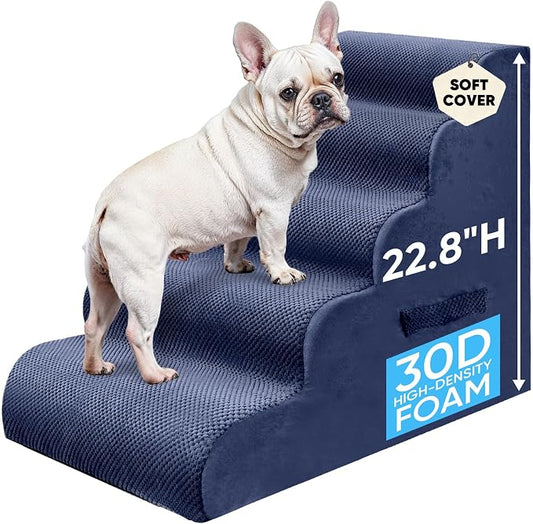 PAWSCRAT Pet Stairs for Dogs 5-Step, 22.8" H Pet Stairs for High Bed, Couch Sofa & Chair, 30D Material Soft Foam Dog Steps with Non-Slip Bottom Surface Removable Washable Cover, Blue