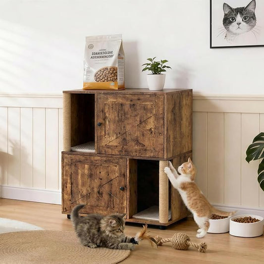 Cat Litter Box Enclosure, Two-Story Wooden Hidden Litter Box Furniture with Scratching Post, Multi-Level Cat Washroom Cabinet for 2 Cats, Reinforced Wood Frame & Ventilated Design for Small Apartment