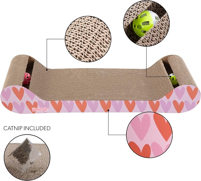 Rini 23.75" Modern Cardboard Cat Scratcher Lounge Bed with Built-in Bell Toys and Catnip, Ergonomic Curved Sofa Design, Pink/Red, Set of 2 CSR1003D-SET2