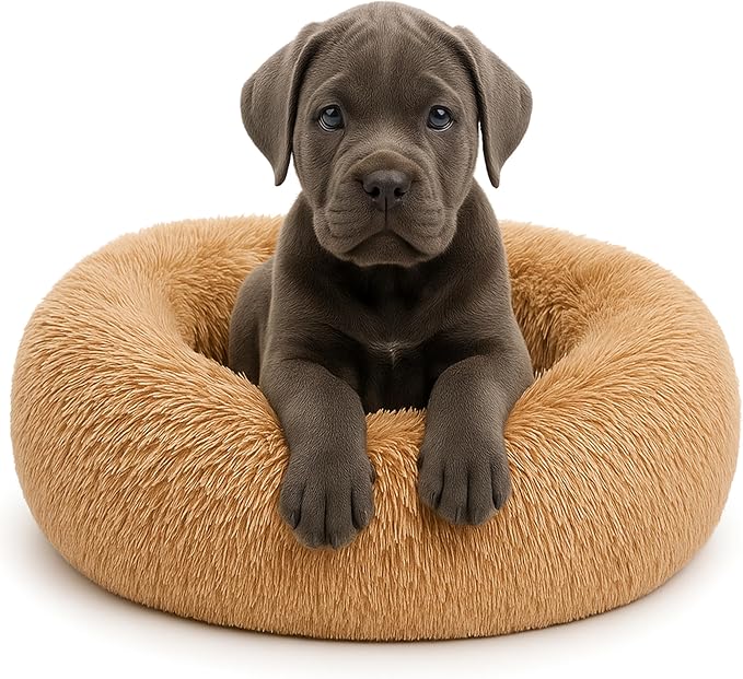 Calming Dog Bed - Fluffy Donut Cuddler for Anxiety Relief, Orthopedic Pet Bed with Non-Slip Bottom, Cozy Round Faux Fur Nest for Dogs and Cats, Plush Crate Mat for Comfort (Camel, Medium)