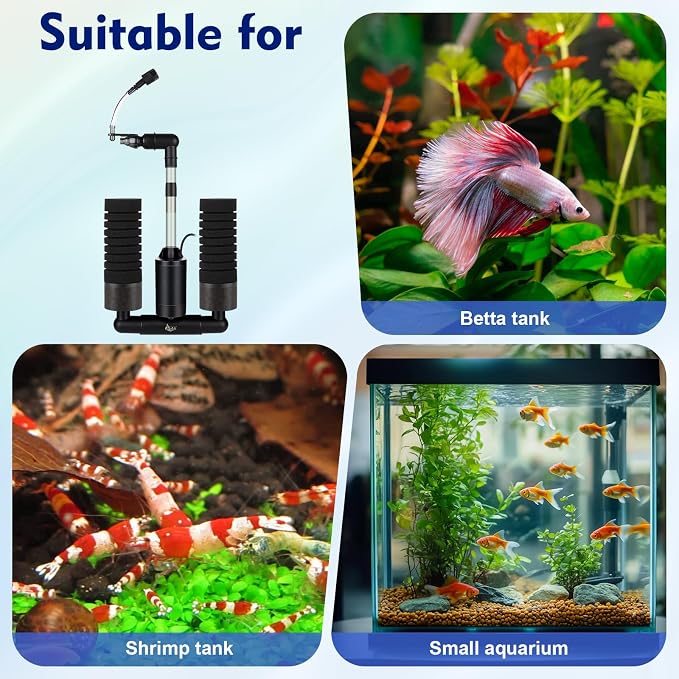 AQQA Electric Sponge Filter for Aquarium, Quiet USB Powered Breeding & Shrimp Filter with Bio Ceramic Media, Adjustable Air Intake & 360° Rotatable Outflow (110V Adapter Included) (S)