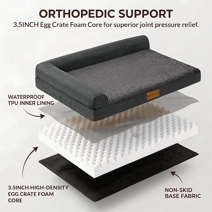 Patas Lague Orthopedic Dog Bed Medium Size Dog 30''X20'', Waterproof L Bolster Medium Pet Sofa Beds with Removable Washable Cover, Soft Pet Couch Crate Mat with Nonskid Bottom, Dark Grey