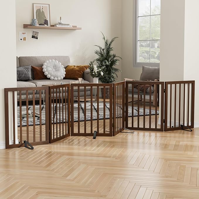 Wooden Dog Gate Freestanding Foldable 6 Panel Pet Gates Extra Wide Dog Gates for Indoor Doorways Stairs 24in Height Support Feet Included