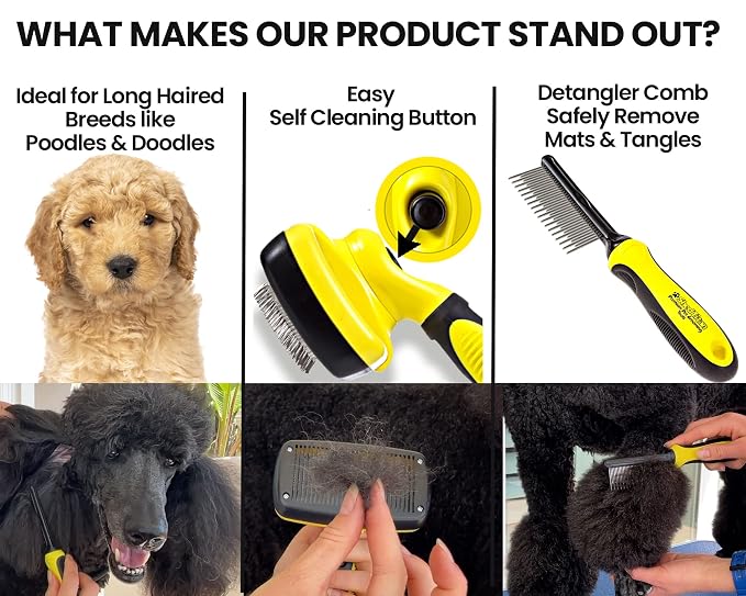Doodle Brush Slicker for Dogs - Self Cleaning Dog Brush for Poodles, Goldendoodle Grooming Kit with Detangler Comb