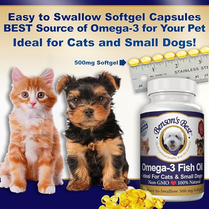 Benson's Best Omega 3 Fish Oil for Cats & Small Dogs - 200 Softgels 500mg - 43% More Omega 3 Fatty Acids Than Salmon Oil - 100% Pure, Non-GMO, Natural Pet Food Supplements