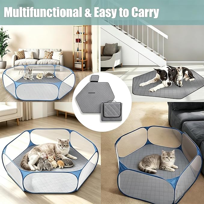 Hexagon Washable Liner for Small Animal Playpen, Portable Reusable Guinea Pig Playpen Pad Hamster Cage Pee Pad Super Absorbent Indoor Waterproof Anti-Slip for Rabbit Bunny (Grey)