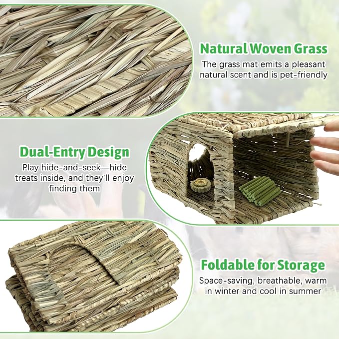 Tfwadmx Rabbit Grass House - Natural Hand Woven Seagrass Play Hay Bed, Hideaway Hut Toy for Bunny Hamster Guinea Pig Chinchilla Ferret