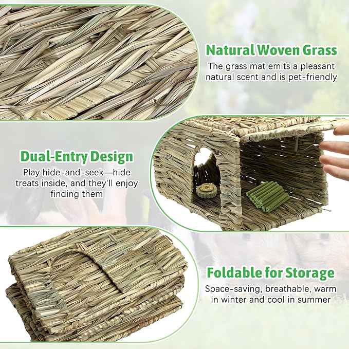 Tfwadmx 2 Pack Rabbit Grass House - Natural Hand Woven Seagrass Play Hay Bed, Collapsible Hideaway Hut Toy for Bunny Hamster Guinea Pig Chinchilla Ferret