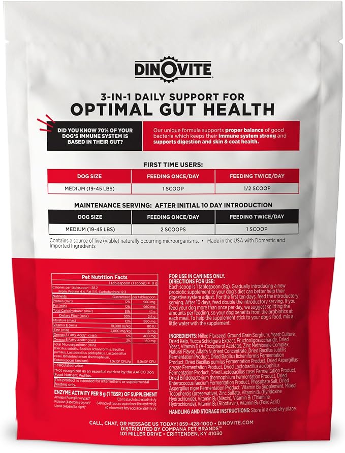 Dinovite Probiotics for Dogs, Probiotic Powder Food Topper for Medium Dogs (18-45 lb), Daily Digestive Health & Skin Support with Omega-3s, 30 Servings