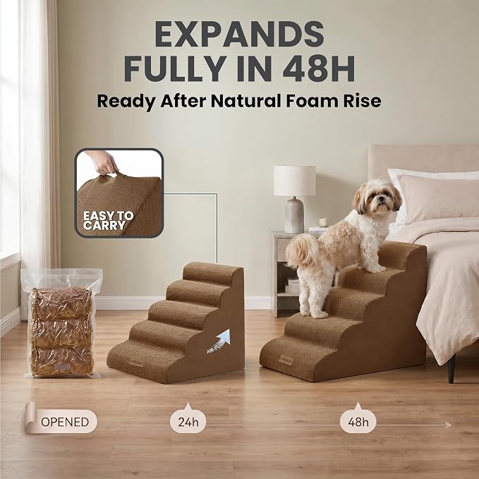 Dog Stairs for High Beds Up to 26-30", 5-Step Foam Pet Ramp with Washable Cover, Gentle Slope Steps, Bed & Couch Ladder for Small Medium Dogs & Senior Cat, Puppy Stairs to Get on Tall Furniture